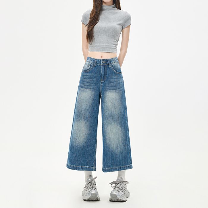 Fashion Pear Shaped Figure Friendly Ice Crack Loose Wide Leg Straight Cropped Capri Denim Pants For Women Trendy Versatile Slimming Hip Cover Design