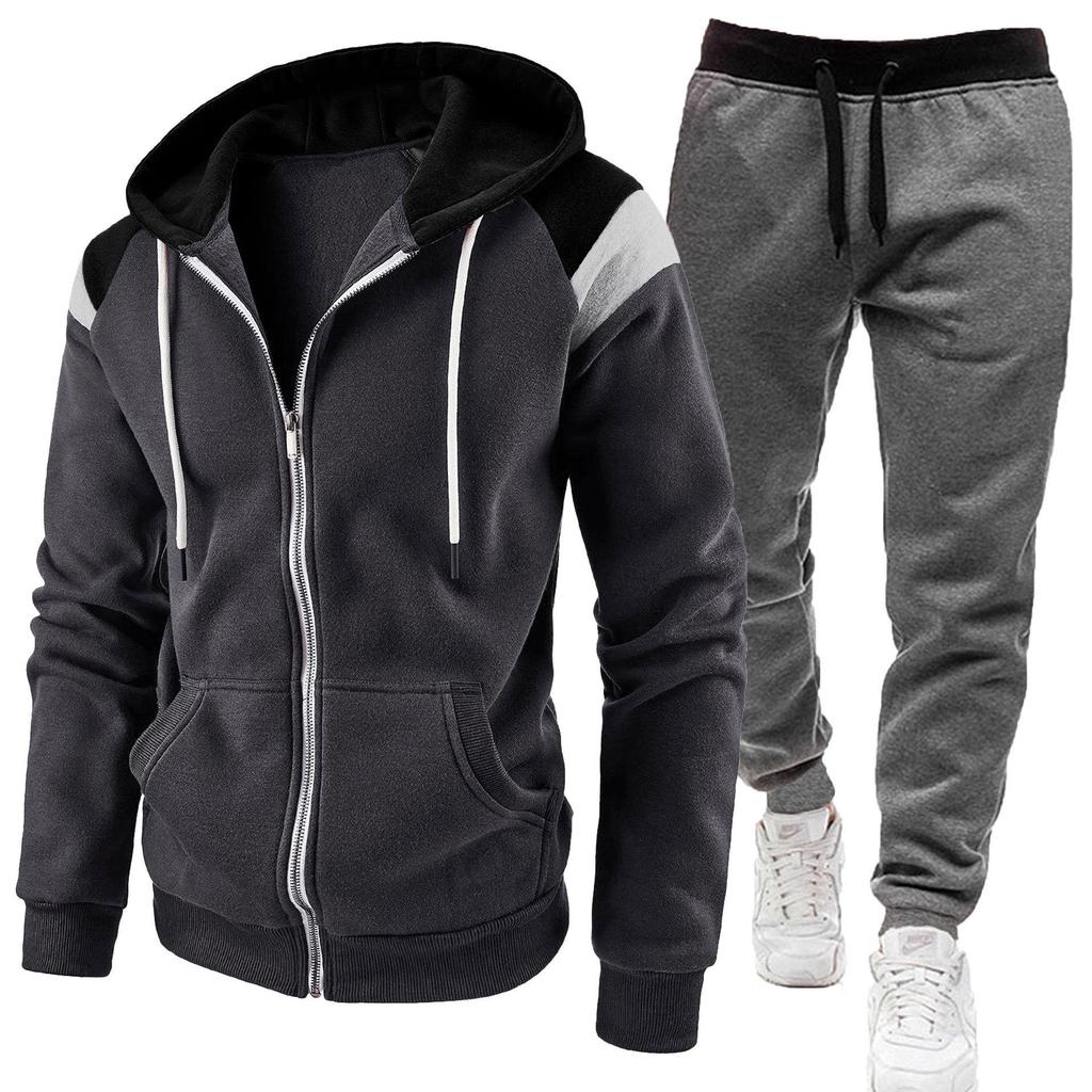 Men's Color Block Hooded Sweatshirt and Casual Sports Set