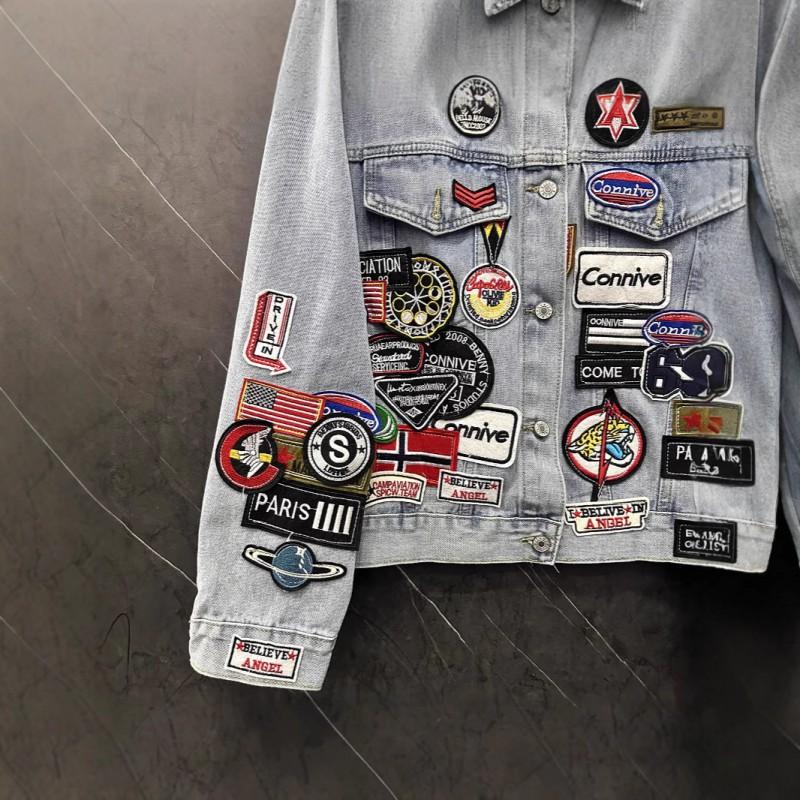 Womens Oversized Denim Jacket With Patch Letters Hip Hop Style Loose Fit Outerwear