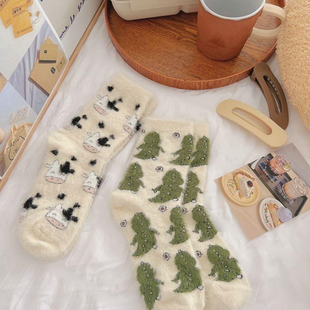 Cow Spots Dinosaur Velvet Socks Sweat Absorption Sleep Boot Socks  Sleep Use