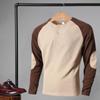 Spring Fall Men Top Regular Fit Colorblocked Long-Sleeve T-Shirt Buttoned Round Neck Patch Decor Casual Sports Parties T-shirt