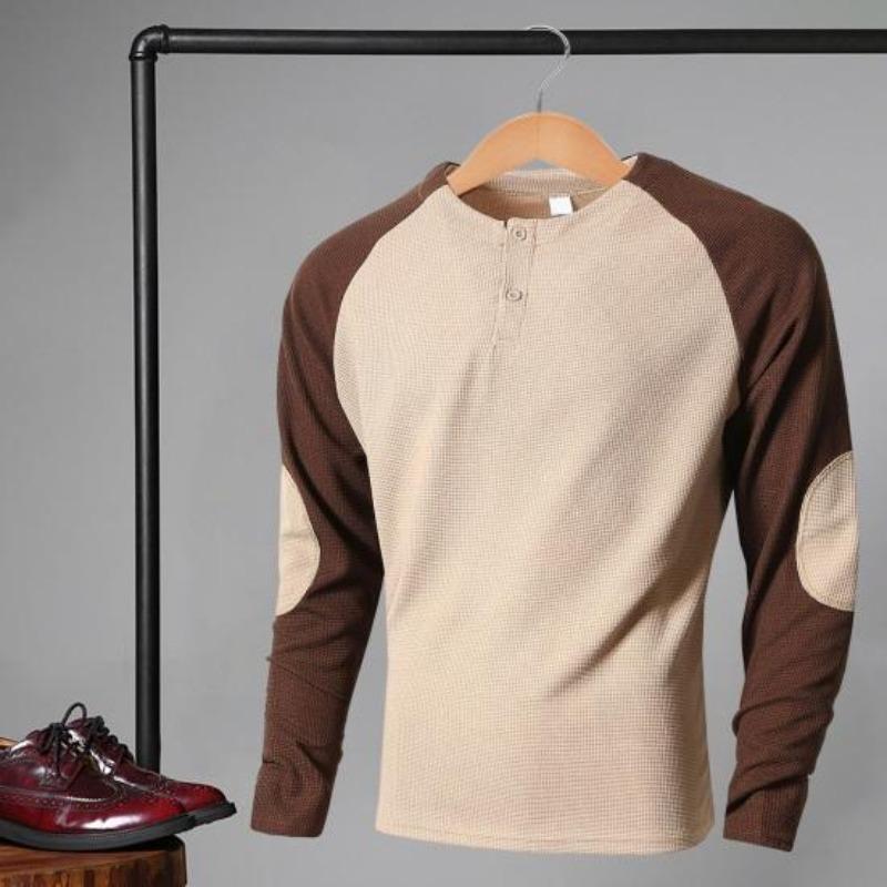Spring Fall Men Top Regular Fit Colorblocked Long-Sleeve T-Shirt Buttoned Round Neck Patch Decor Casual Sports Parties T-shirt