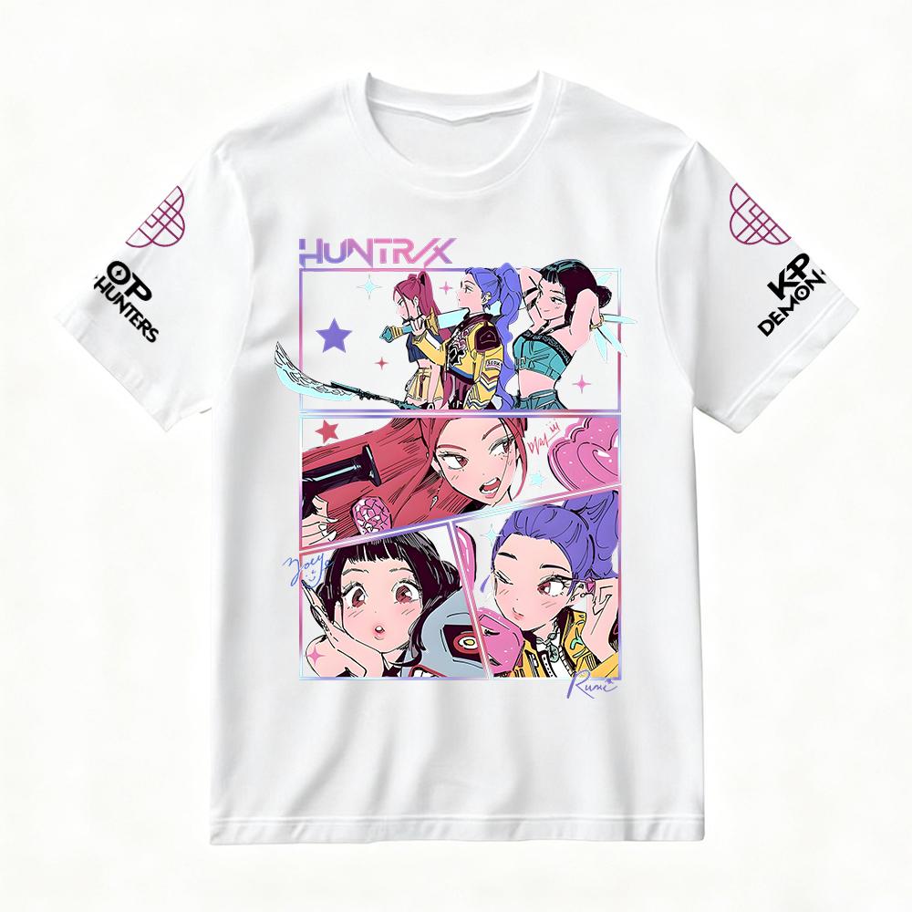 Women's Summer KPop Demon Hunters Graphic T-Shirt HUNTRX Comic Style Character Printed Top for Fashion Streetwear Casual Daily