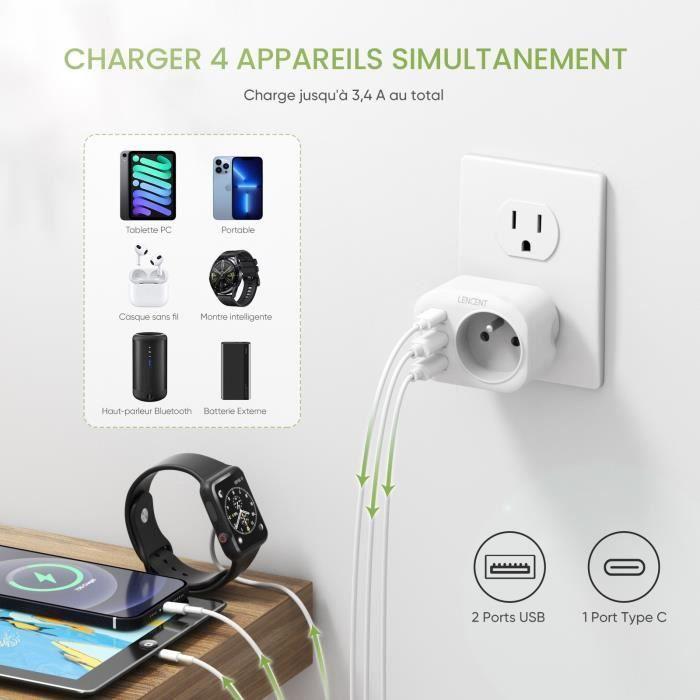 Adaptateur Prise USA Américaine LENCENT 2 Colis-2USB,1Type-C,1AC,3750W Avec Fil De Terre Pour US Canada Mexique,pays De Prise TypeB