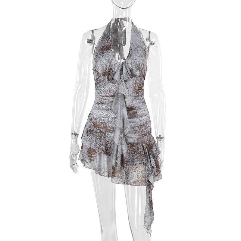 

Платье-халтер с сетчатым принтом и камбалой, женское, короткое, в праздничном стиле S