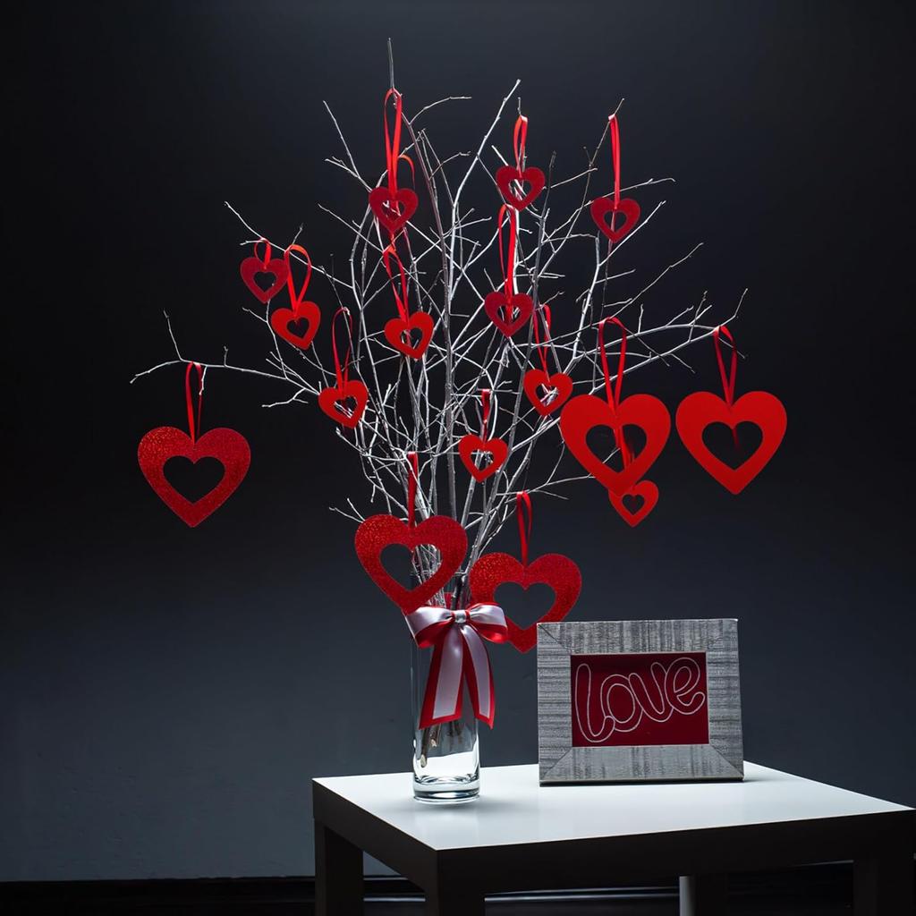 NUOBESTY 40pcs Glitter Heart Swirl Hanging Decoration, 3D Heart Shape Ornament Love Hanging Cutouts Valentines Banner Heart Garland Streamers