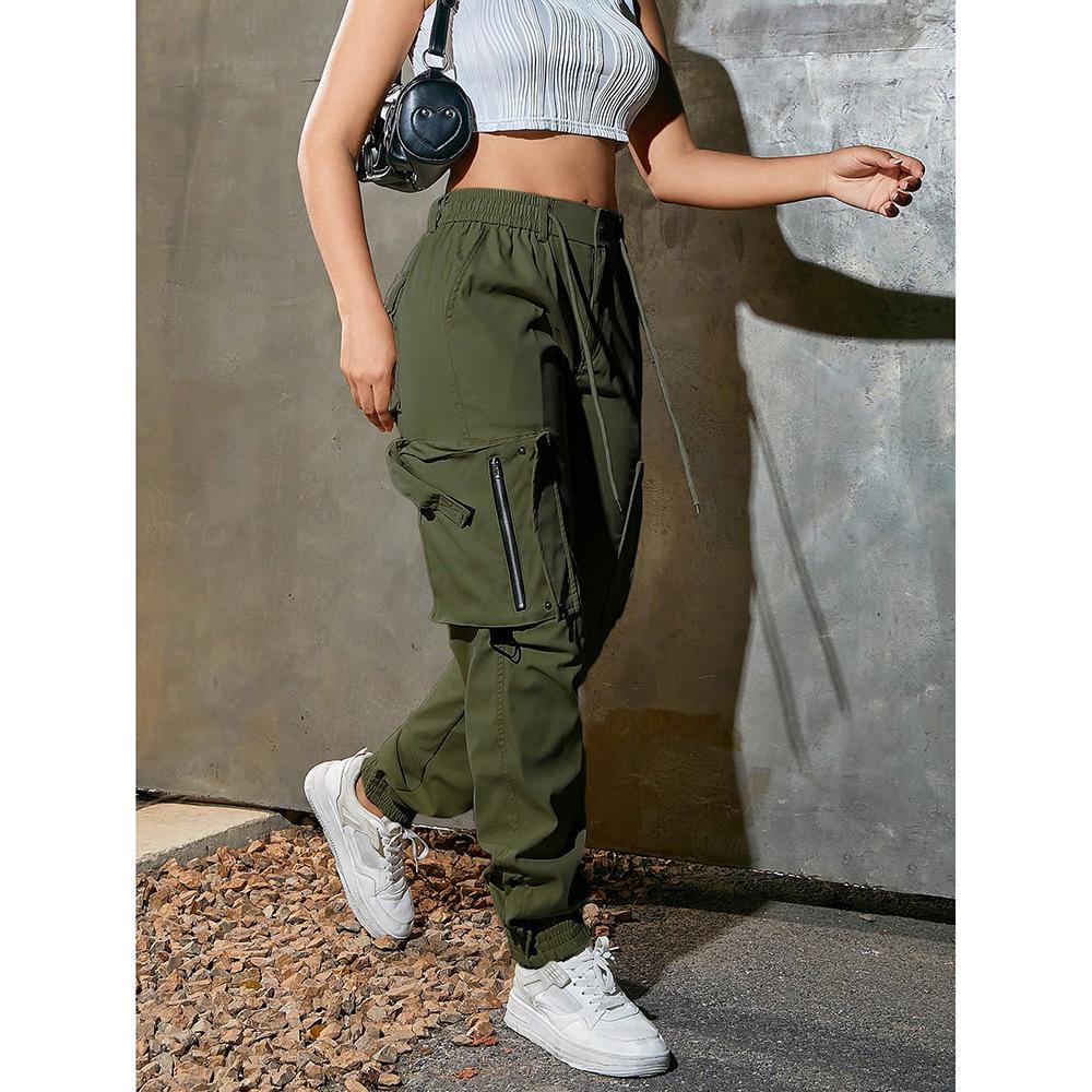 Pantalon Cargo Kaki Taille Haute pour Femme avec Cordon de Serrage et Multiples Poches