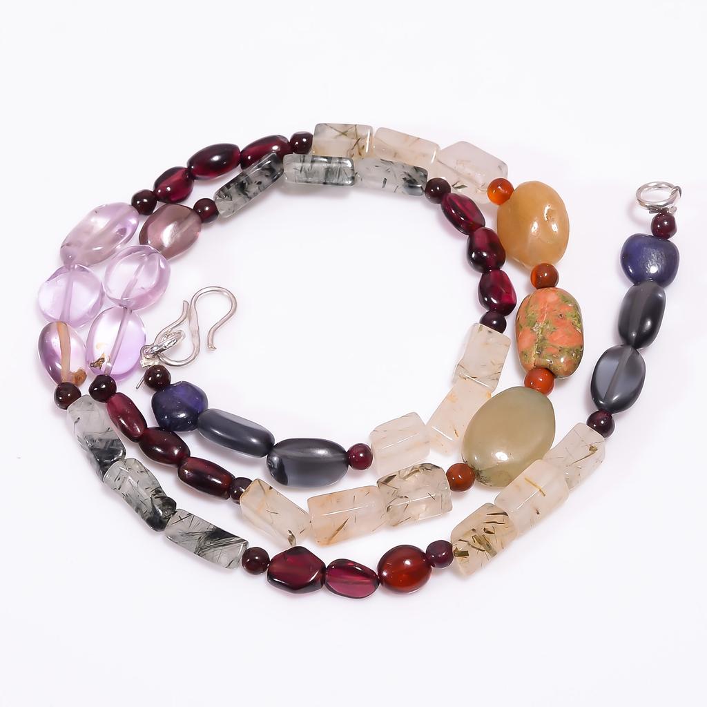 Natural Green Rutile Quartz Unakite Garnet Beads Necklace 4-13 Mm 18" UB-8087 UB-8087