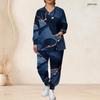 Women Plus Size Blue Printed Nurse Scrub Set V Neck Long Sleeve Top With Pockets Long Pants Two Piece