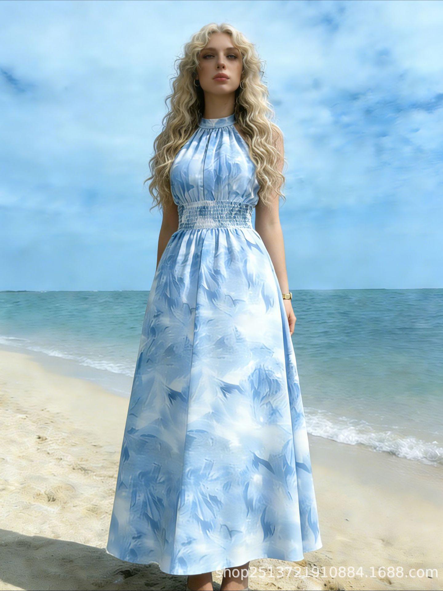 

Blue Tone Off-the-Shoulder Slimming Long Dress (2026 European & American Design) Extra Large небесно-голубой
