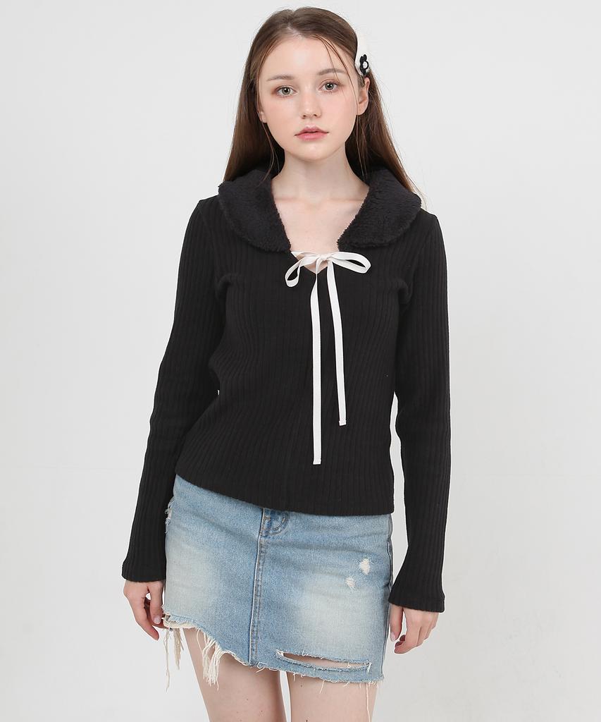 CATTLINE Fur Collar Knit T-Shirt (Black)