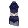 Womens Latin Dance Leotard Sleeveless Mock Neck Patchwork Rhinestones Tassels Adorned Gymnastics Costume
