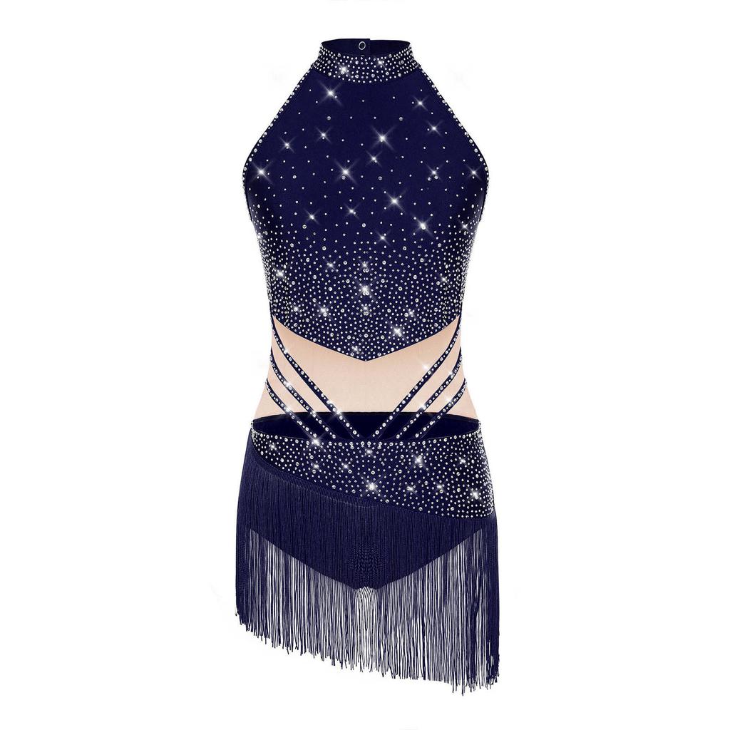 Womens Latin Dance Leotard Sleeveless Mock Neck Patchwork Rhinestones Tassels Adorned Gymnastics Costume
