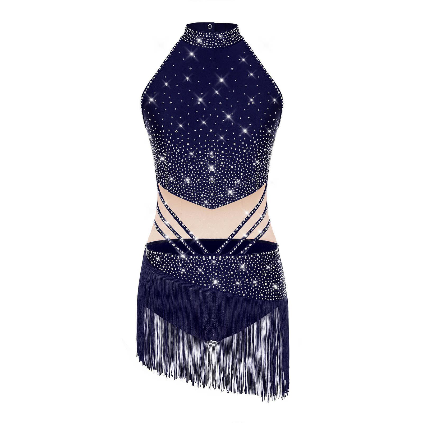 

Жіночий латиноамериканський купальник без рукавів з коміром-стійкою, клаптиковий, прикрашений стразами та китицями, гімнастичний костюм L темно-синього кольору