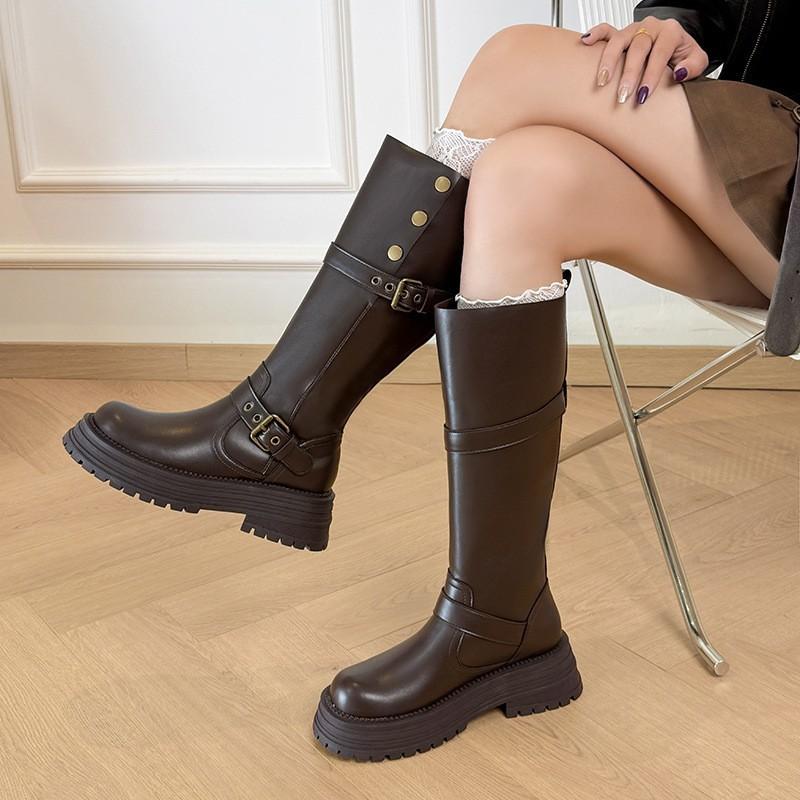 Cowhide Version~ Retro British Style Thick Heel Thick-soled Boots Women's Autumn and Winter Heightening Boots Slim Tall Knight Boots
