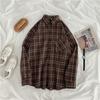 Frauen Hemd Plaid Übergroßen Braun Top Drehen-unten Kragen Freizeit Mode Lose Alle-spiel Lange Ärmel Weiche Chic koreanische Top