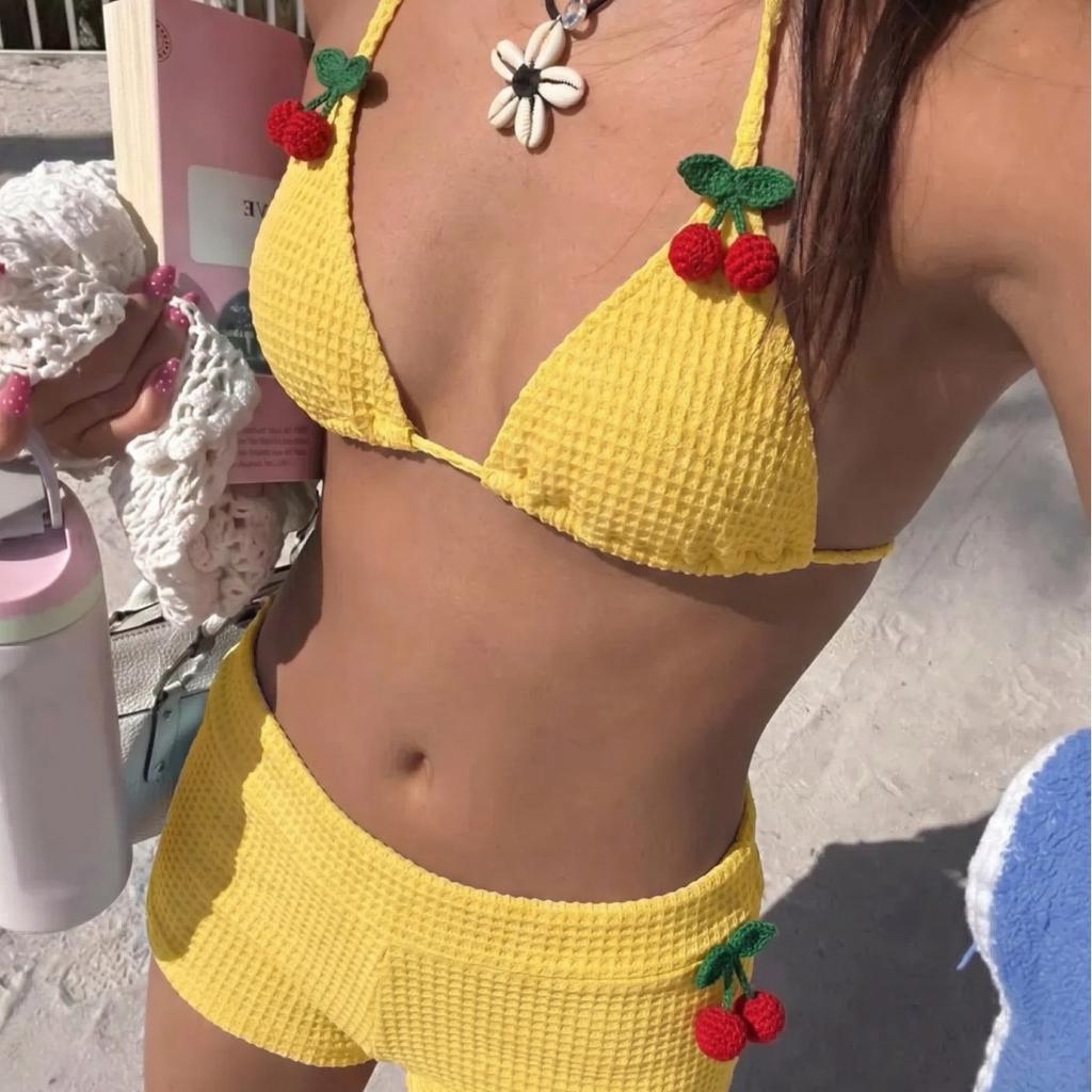 European and American Women's Bikini Two-piece Set, Pit Strip Fabric, Cherry Decoration, Cute Wind Swimsuit, Casual Vacation Swimming