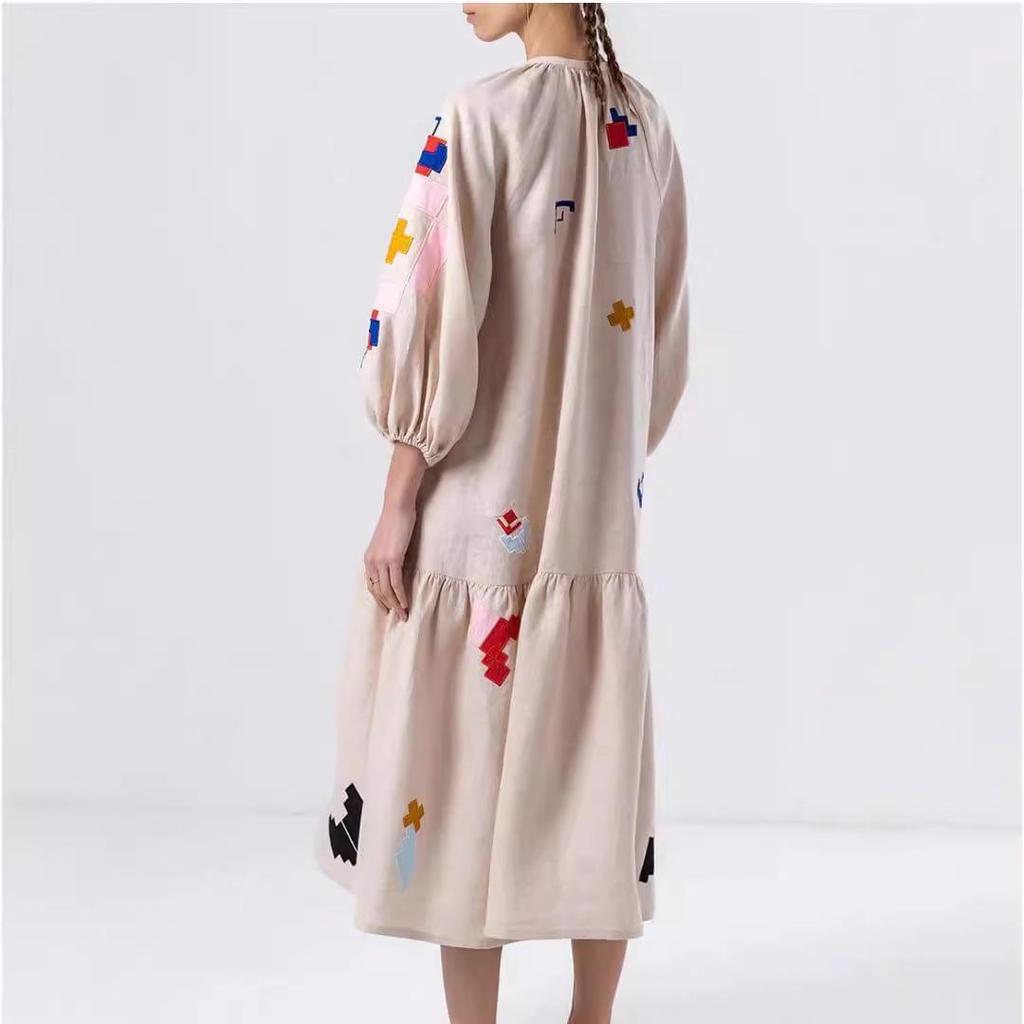 2024 New Autumn/Winter Loose Printed Casual Lantern Sleeve Dress for Women