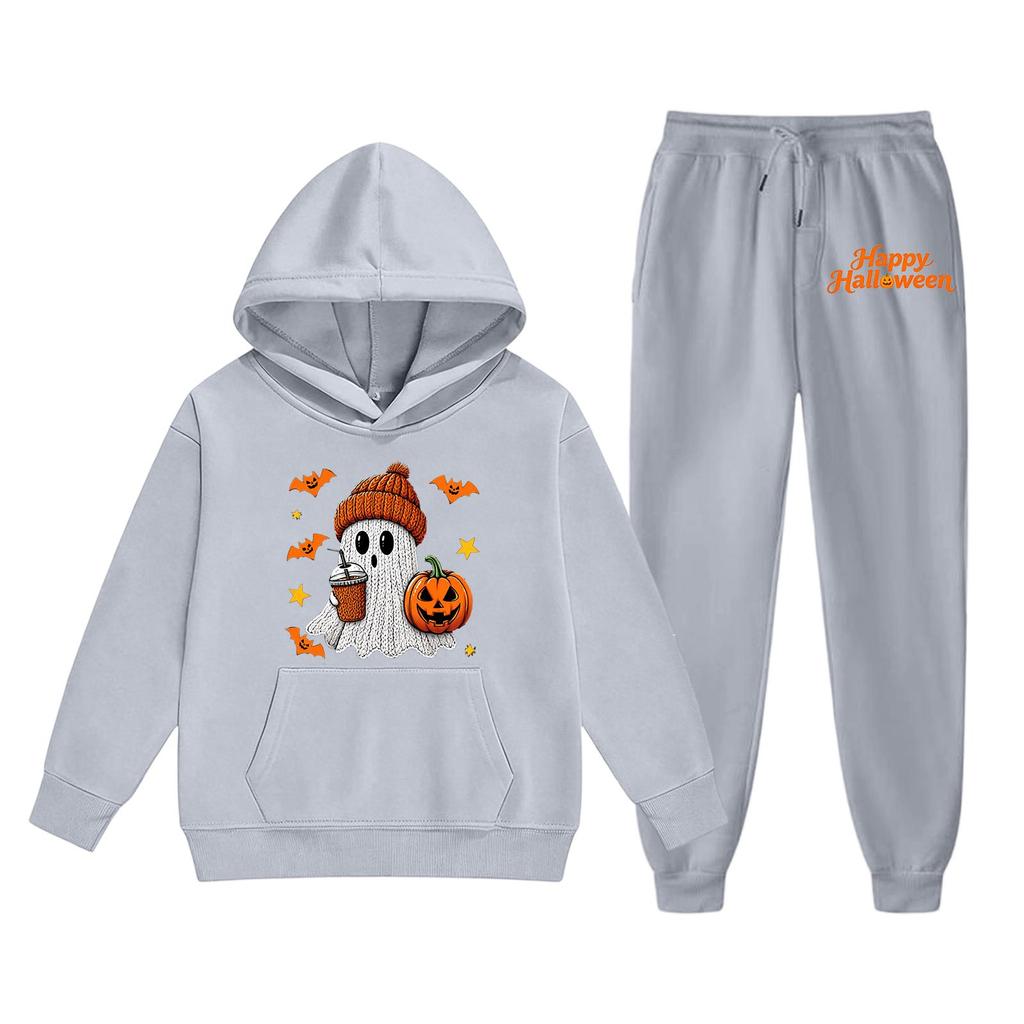 Kids Halloween Hoodie Set Ghost Pumpkin Print Long Sleeve Pullover Sweatshirt with Hood and Matching Pants Casual Outfit for Boys and Girls