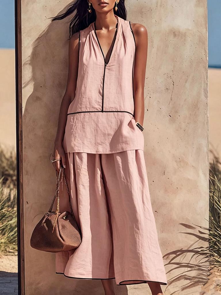 2026 European and American Cross-border Summer Neck V-neck Sleeveless Top Wide-leg Pants Vacation Wind Contrasting Color Edge Loose Suit