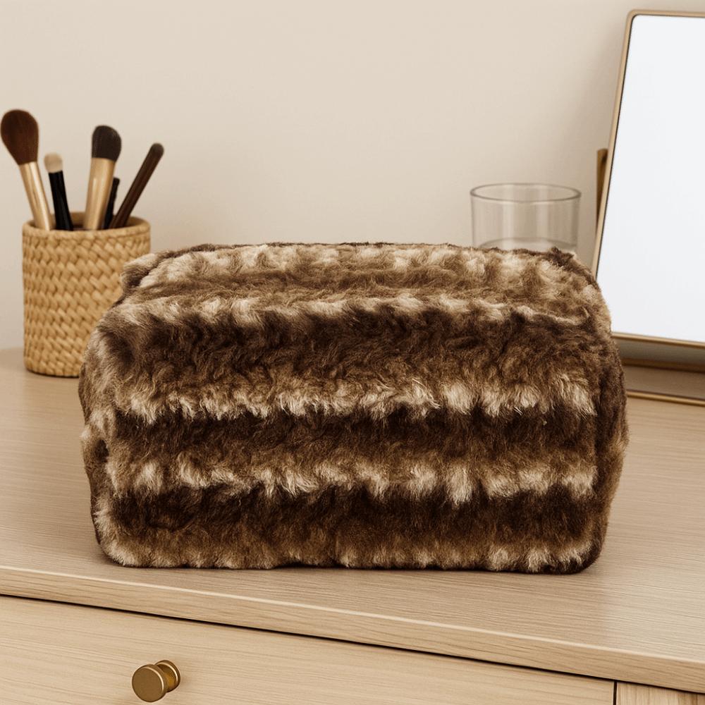 Large Capacity Plush Striped Makeup Bag Vintage Make Up Organizer Cosmetics Storage