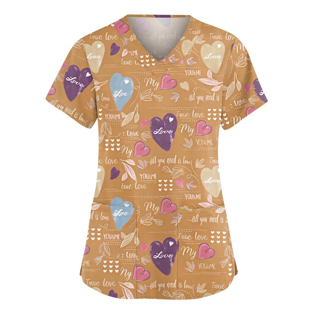 Women V Neck Short Sleeve Printed Heart Pattern Top Casual Loose Fit Pullover Blouse Tunic Shirt For Daily Wear