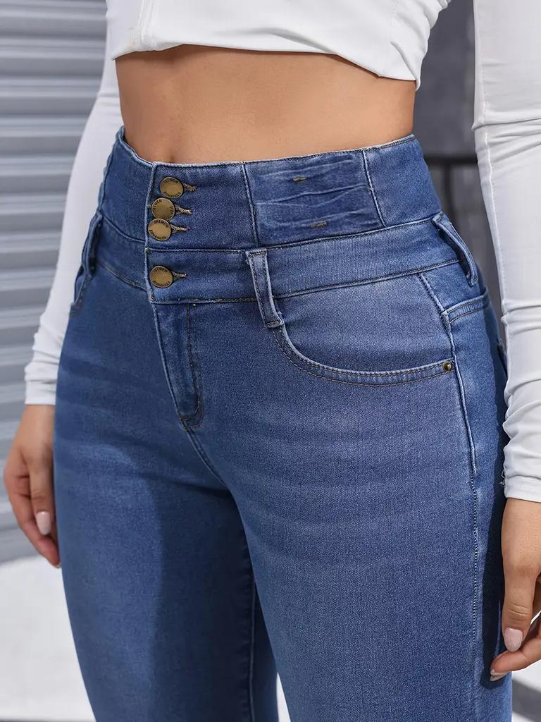 Kvinnor Tjocka Varma Jeansbyxor Hög Midja Knappar Byxor Smal Passform Pennbyxor Casual Enfärgade Fickor Jeans Slida Liten Stretch