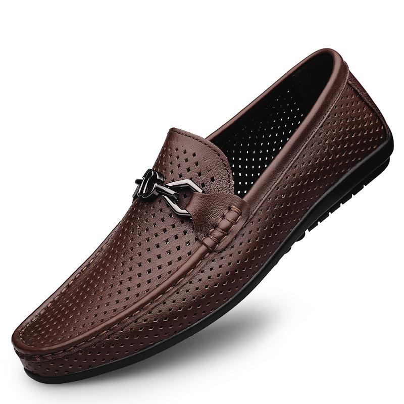 Men s Large Size Summer Hollow Genuine Leather Breathable Driving Loafers with Soft Sole. 43