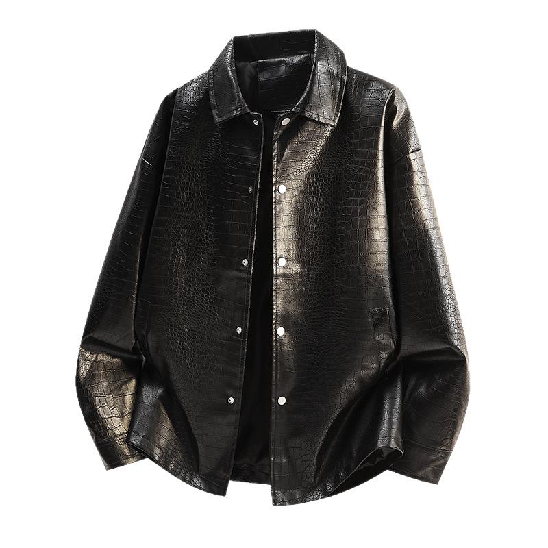 Men's leather jacket PU leather leather jacket spring and autumn lapel collar single-row button casual windproof waterproof locomotive jacket top