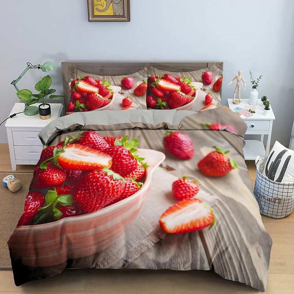 Strawberry Duvet Cover Set Cartoon Pink Fruit Print Comforter Cover Set for Boy Girl Teen Sweet Strawberry Room Decor Bedding