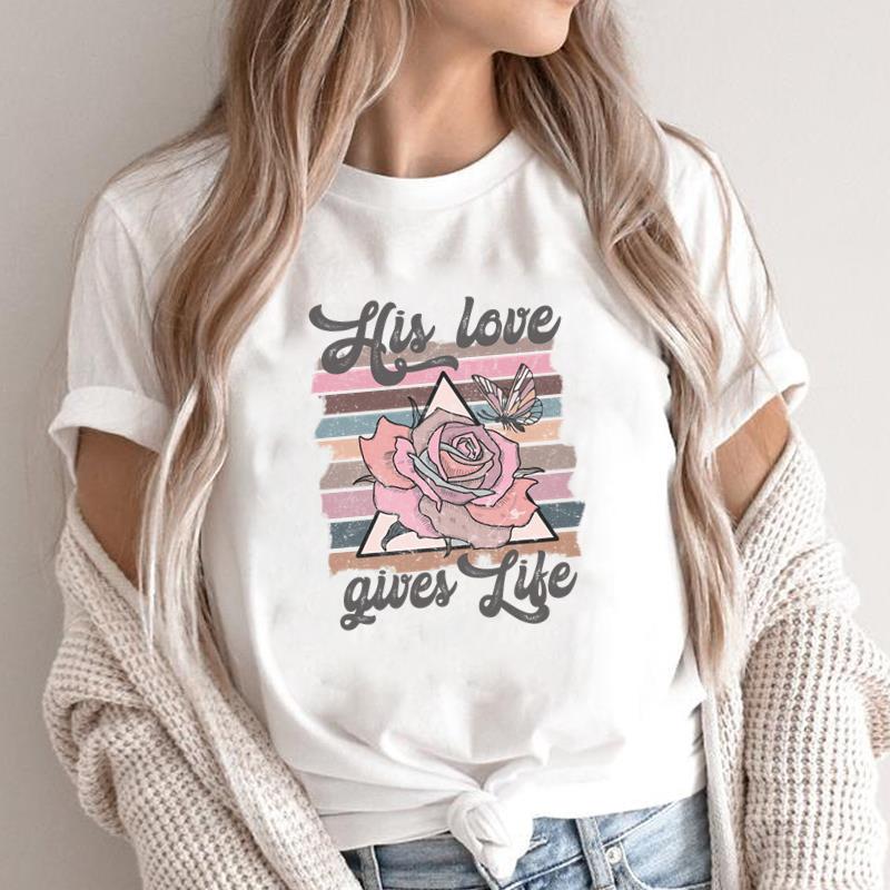 (Asian Size) sweet trend cute 90s style faith Print Short Sleeve T-shirts Casual Women's Top T Clothing O-neck Fashion Female Graphic Tee
