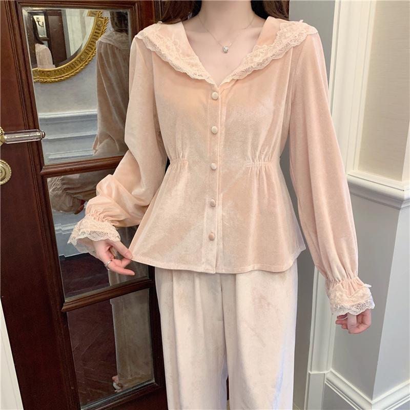 Spetskantade Långärmade 2-delade Pyjamas Höst Vinter Byxdräkter Sovkläder Sammet Varma Nattkläder Intim Underkläder Pijamas