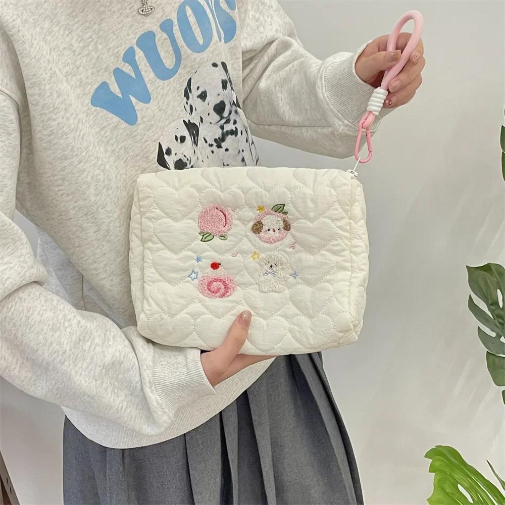 Embroidery Quilted Women's Cosmetic Bag Travel Portable Ladies Storage Handbags Cute Female Makeup Case Clutch Purse with Handle
