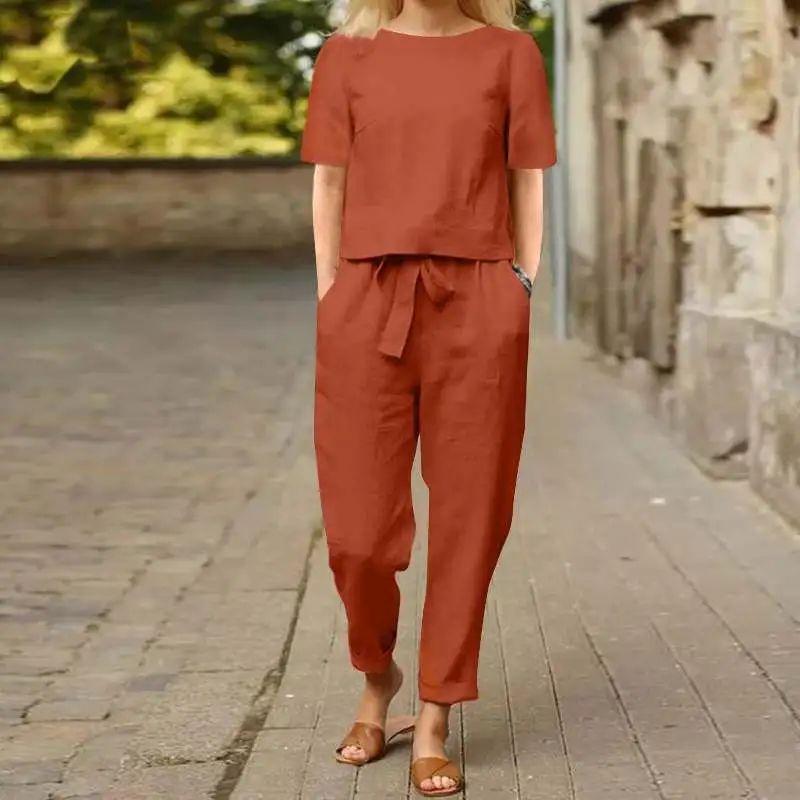 and American Women clothes Cotton and Linen Summer with Set Half Sleeve O Collar Super Large Cover Up E Wide Leg Pants Retro Sets Direct Sales