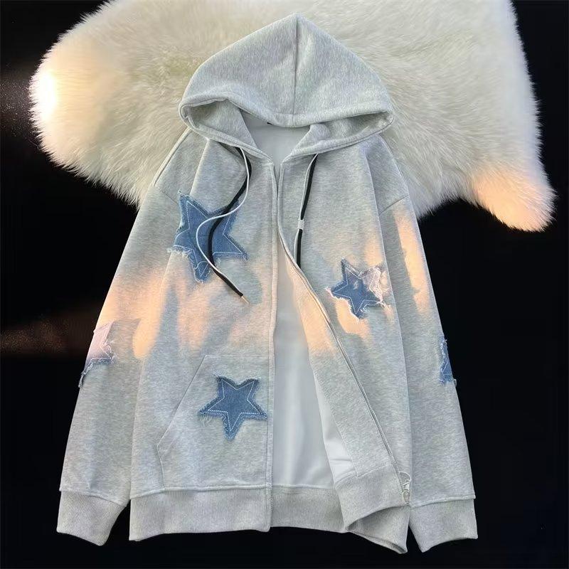 American Retro Patch Five-pointed Star Jacket for Men and Women Spring and Autumn Thin Loose Ins Hong Kong Style Oversize Sweatshirt