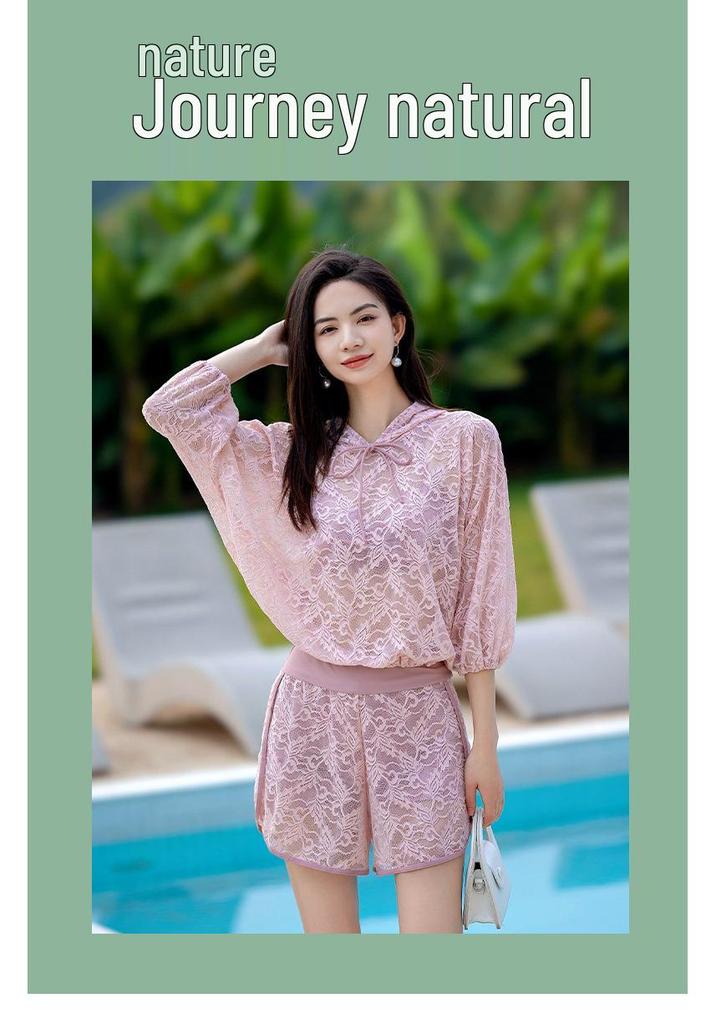 Korean Style Women's Three-Piece Swimsuit Set with Long Sleeve Sun Protection and Slimming Push-Up Features