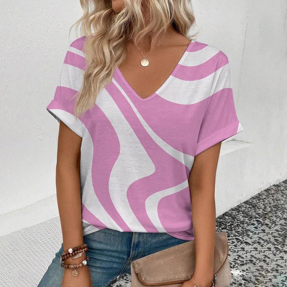 

Женская футболка Геометрический узор Модная Современная Повседневная Короткий рукав V-образный вырез Оверсайз Женская летняя одежда Женская одежда 3XL