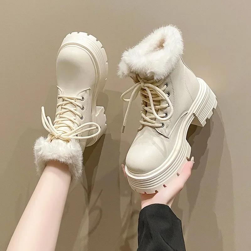Women Snow Boots 2025 New Winter Warm Plush Street Design Thick Bottom Motorcycle Boots Fashion Cross Lace Fashion Boots Zapatos