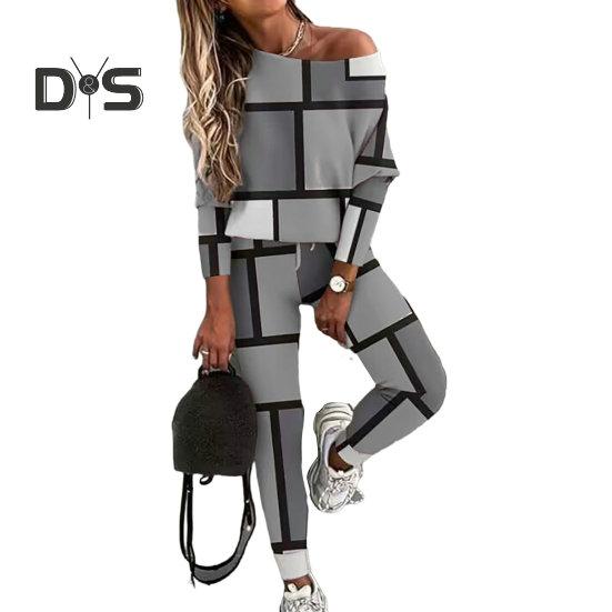 2 ks/sada Dámské svrchní kalhoty Barevný oblek Odpovídající Off Shouder Dlouhý rukáv Volný Elastický pas Patchwork Ženy Jarní Podzim Tričko Kalhoty Set Lady