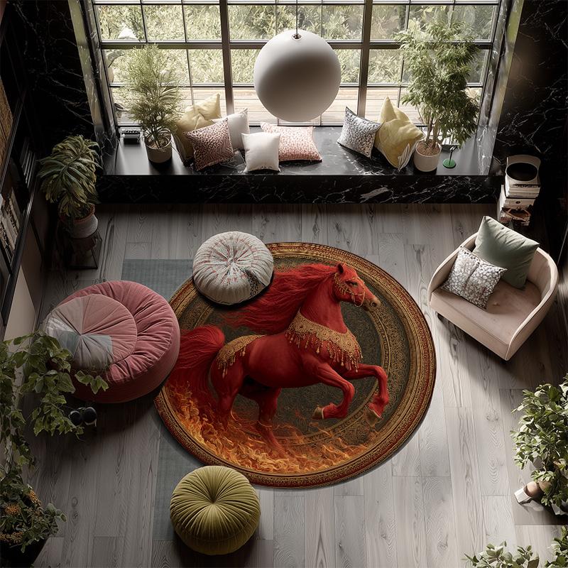 Red Horse,Round Area Rug,Carpet Rug for Living Room Bedroom Sofa Playroom Decor,Non-slip Floor Mat