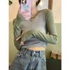 Girl Top Vintage Shoulder Color Matching Long Sleeves Shirt Women Spring and Autumn Inner Wear Short Bottoming Shirt