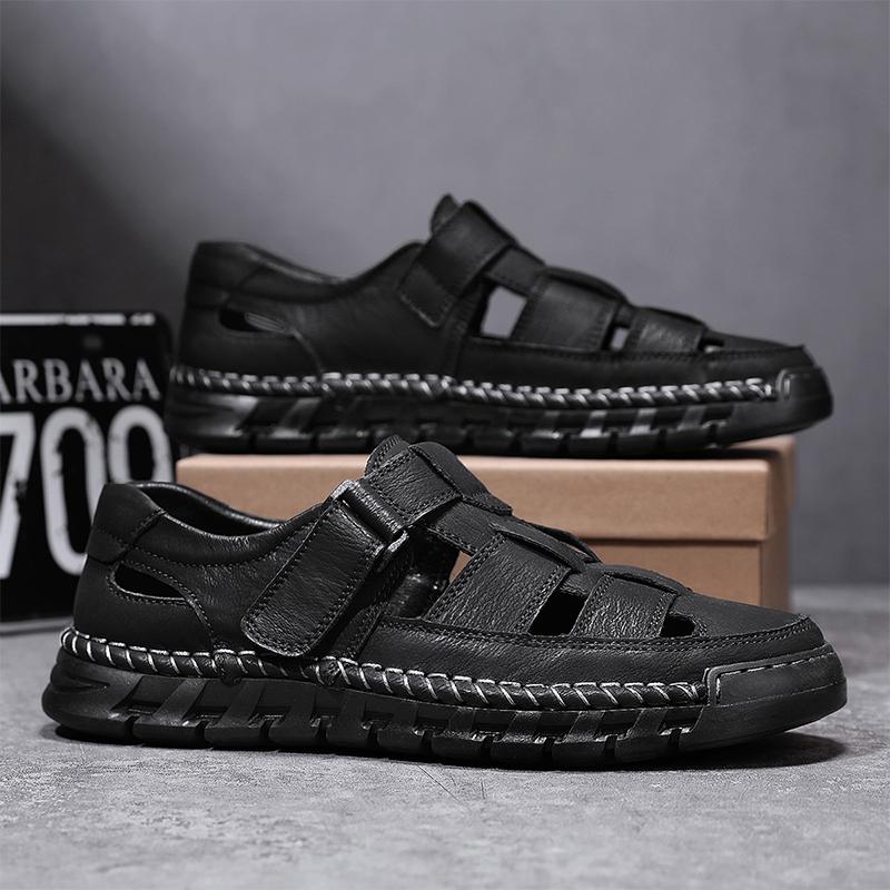 Men's Closed Toe Sandals Large Size Genuine Leather Casual Sandals Outdoor Hiking Sandals Hand Sewn Casual Sandals