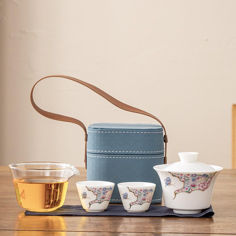 White Porcelain Blue And White Cover Bowl Outdoor Travel Kung Fu Tea Set Ceramic Cover Bowl Express Cup One Pot Two Cups Portable Bag