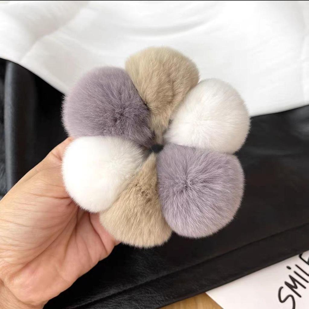 Korean Cute Real Rabbit Fur Pom-Pom Hair Tie - Plush Ball Hair Accessory
