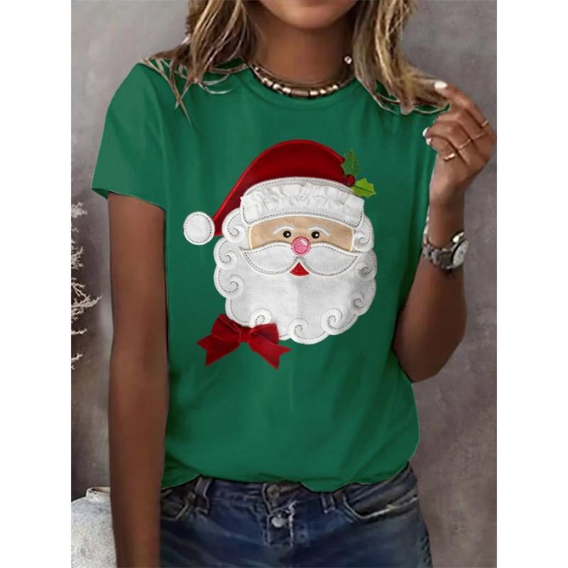 Womens Slim Fit Round Neck Short Sleeve T-Shirt With 3D Santa Claus Print Soft Cotton-Feel Fabric Casual Office Wear