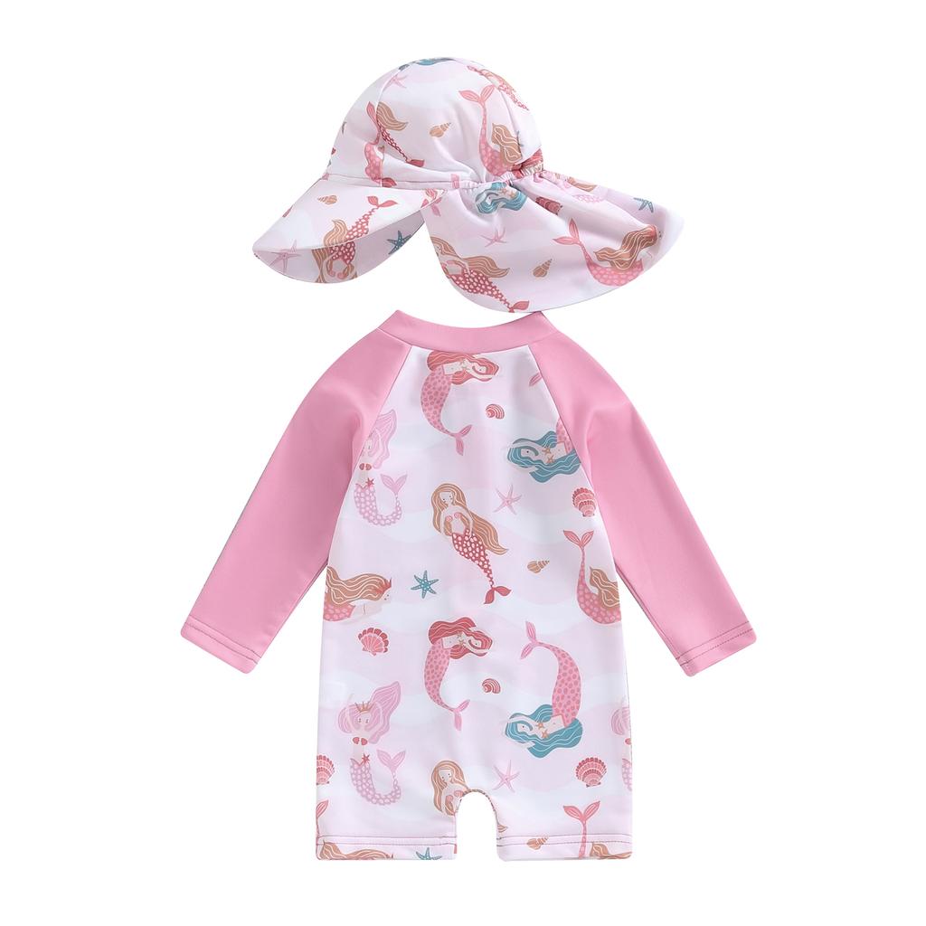 Badeanzug-Set für Baby-Mädchen, Muschel-Print, langärmliger Rashguard-Badeanzug, breite Krempe, Sonnenhut, Strandbekleidung für Kleinkinder