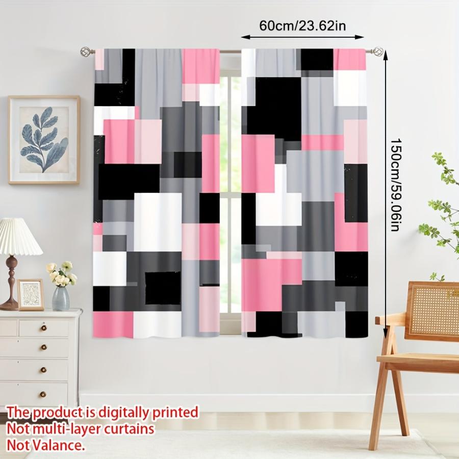 2PCS Digital Printed Curtains with Pink Ink Squares Design, Stylish Window Drapes for Living Room Bedroom Home Decoration