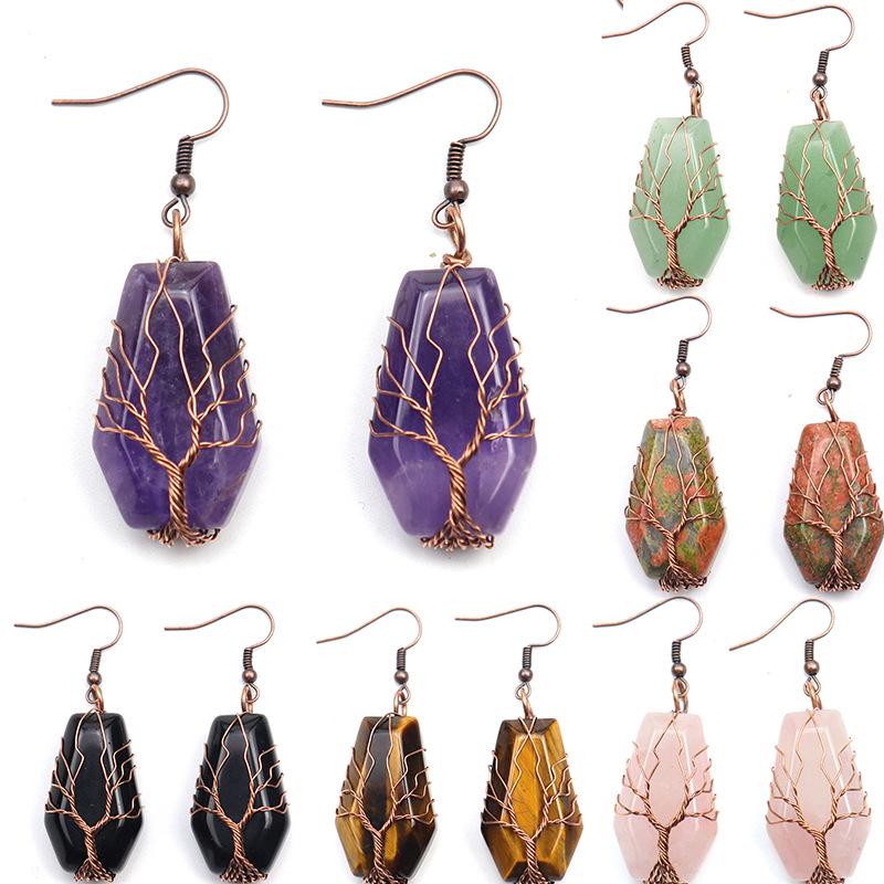 Handmade Agate Coffin Board Tree of Life Earrings - Natural Stone Crystal Dangle for Wealth and Harmony.