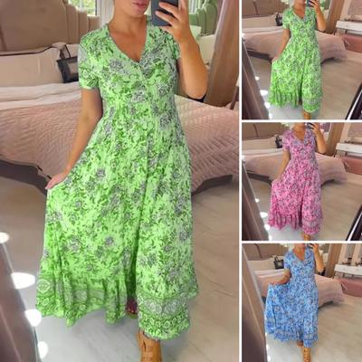 Vestido feminino decote em V estampa floral cintura alta babados bainha grande bainha plissada comprimento tornozelo vestido longo praia
