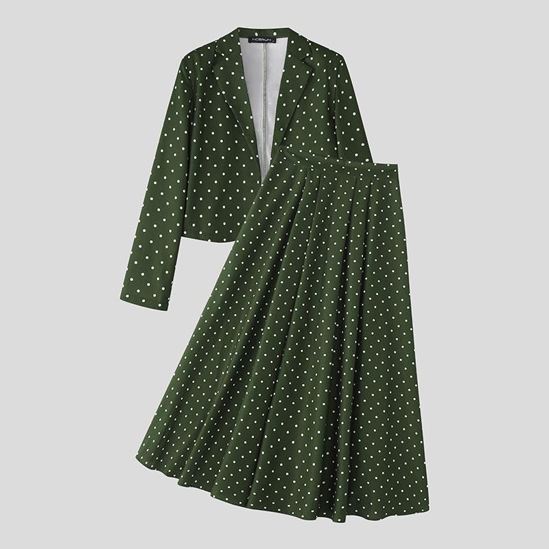 INCERUN Men Long Sleeve Polka Dots Cropped Blazer and Long Skirts Sets Outfits